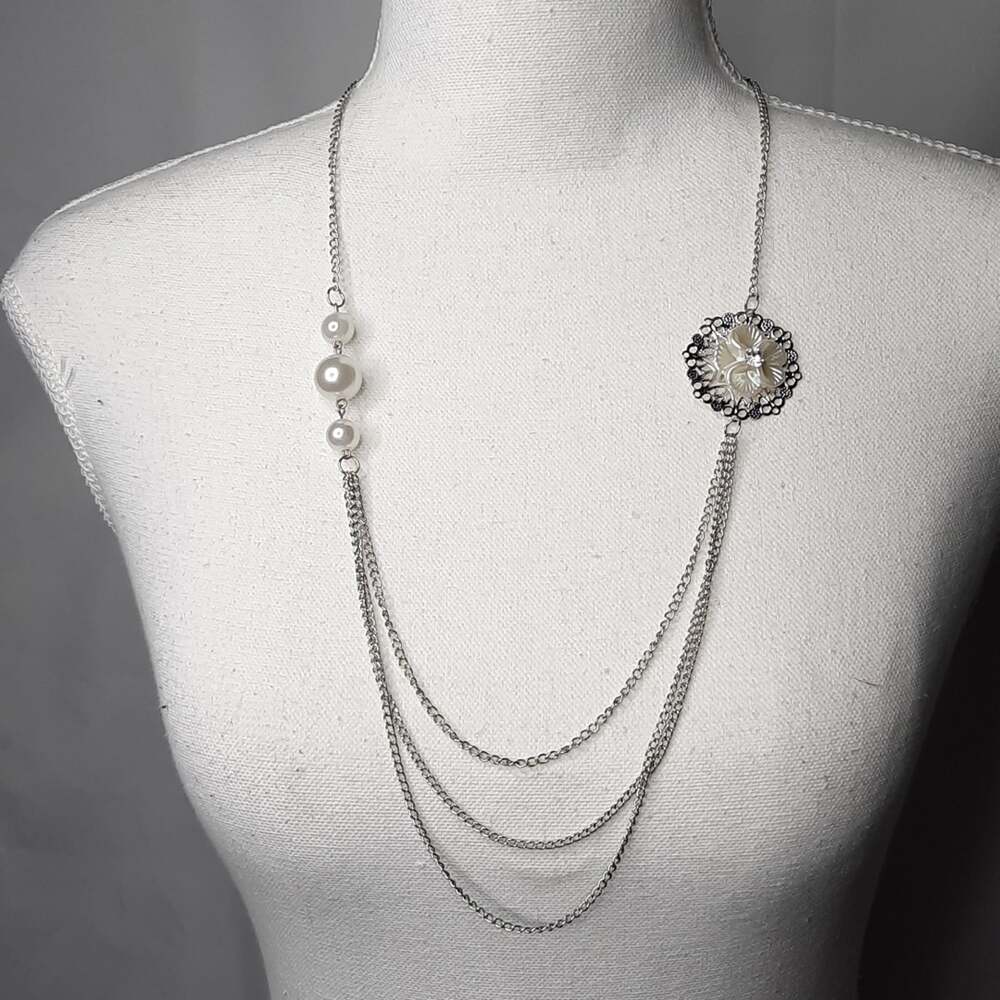 Multi-layer Silver Chain Necklace w/ Faux Pearl and Floral Details